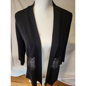 Chicos Travelers Cardigan Sweater Open Drape Front Black Sz 0 US 4/6 Lace Detail